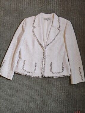Tahari ASL White Tweed Blazer with Trim Size 14